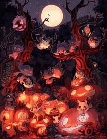 a group of pokemon are gathered around pumpkins in a forest at night