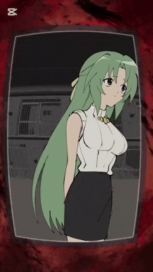 a drawing of a girl with green hair and the letter x in the corner