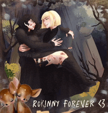a drawing of a man carrying a woman with the words rokinny forever < 3