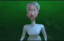 a cartoon woman is standing in the water and looking at the camera .
