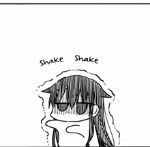 a black and white drawing of a girl with long hair and the words `` shake shake '' written above her head .