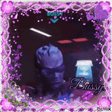 a picture of a man in a purple frame with the name bussy on the bottom