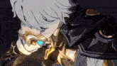 a close up of a cartoon character 's face and armor