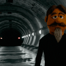a puppet with a mustache and beard stands in a dark tunnel