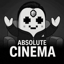 a cartoon of a man sitting in a chair with the words absolute cinema above him