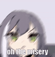 a blurry picture of a girl with the words `` oh the misery '' written on it .