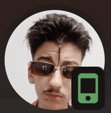 a man wearing sunglasses and a mustache has a cell phone icon next to him