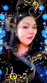 a woman 's face is surrounded by musical notes and a heart