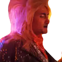 a man with long blonde hair is wearing a bandana and a leather jacket