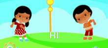 a boy and a girl are standing next to each other and the word hi is visible
