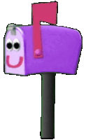 a purple mailbox with a red flag and a smiling face on it .
