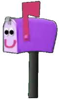 a purple mailbox with a red flag and a smiling face on it .