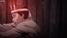 a cartoon of a man with candles on his head and the word anime on the bottom
