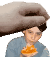 a person is eating a slice of pizza and a hand is reaching out to touch their head .