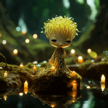 a cartoon character with yellow hair and roots is sitting in the water