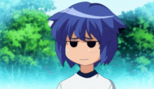 a cartoon character with blue hair making a face