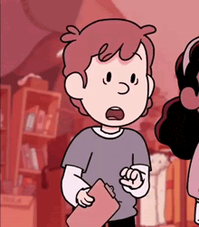 a cartoon boy is holding a clipboard in a store .