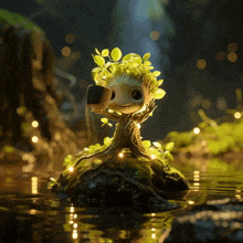 a cartoon character is sitting on a rock in the water