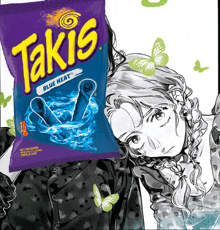 a bag of takis blue heat tortilla chips next to a drawing of a woman