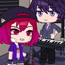 a girl with red hair stands next to a boy with purple hair and a keyboard