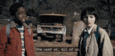 two boys standing next to each other with the words she used us all of us written on the screen