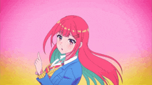 a girl with red hair is wearing a blue jacket and a yellow sweater