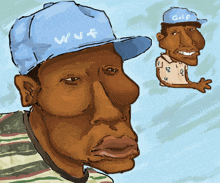 a cartoon drawing of a man wearing a blue hat that says wuf