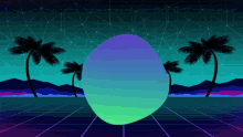 a blue and green egg is surrounded by palm trees and mountains