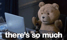 a teddy bear is sitting in front of a laptop computer .