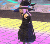 a woman in a witch costume is standing on a purple tile floor