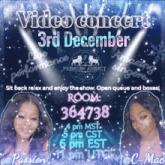 a poster for a video concert taking place on december 3rd
