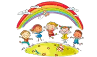 a group of children jumping under a rainbow