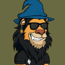 a cartoon lion wearing a blue hat and black shirt