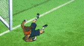 a boy is kicking a soccer ball on a field with chinese writing on it
