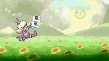 a pixel art of a girl jumping in a field of sunflowers with a sign that says " true "