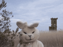 a stuffed rabbit with a castle in the background