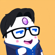 a cartoon character with glasses and a purple jewel on his forehead