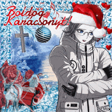 a picture of a girl wearing a santa hat with the words boldog karacsonyt written on it