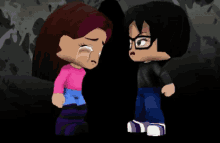 a boy and a girl are standing next to each other and one of them is crying