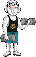 a cartoon monkey wearing a zhot shotz tank top is holding dumbbells