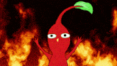 a red cartoon character with a green leaf on its head stands in front of a fire background
