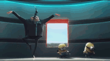a group of minions dancing in front of a window