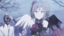 a girl with wings is holding a rose in front of a man with a knife