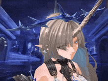 a girl with a horn on her head is wearing a black choker