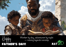 a happy father 's day greeting card with a painting of a man reading to two children