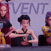 a group of cartoon characters standing in front of an event sign