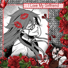 a picture of a man surrounded by red roses with the words i love my girlfriend