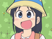 a cartoon of a girl wearing a hat with a blue stripe