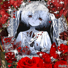a picture of a girl surrounded by red roses with the word love written on it