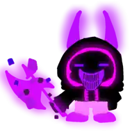 a cartoon character with horns is holding a purple axe .